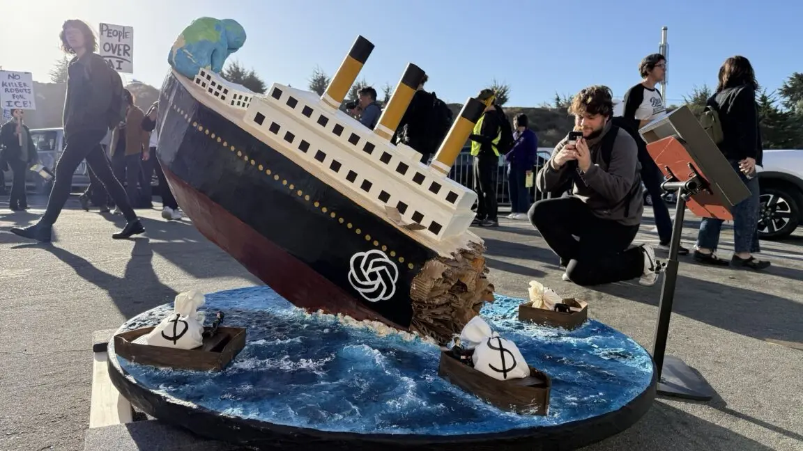 Creative protests against OpenAI: sculpture of AI leaders fleeing a sinking ship